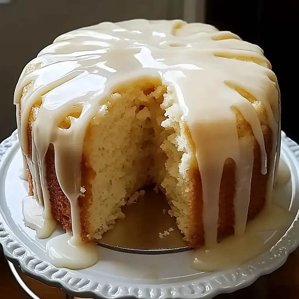 Un gâteau moelleux à la vanille nappé d’un glaçage crémeux, une tranche coupée révèle son intérieur tendre.