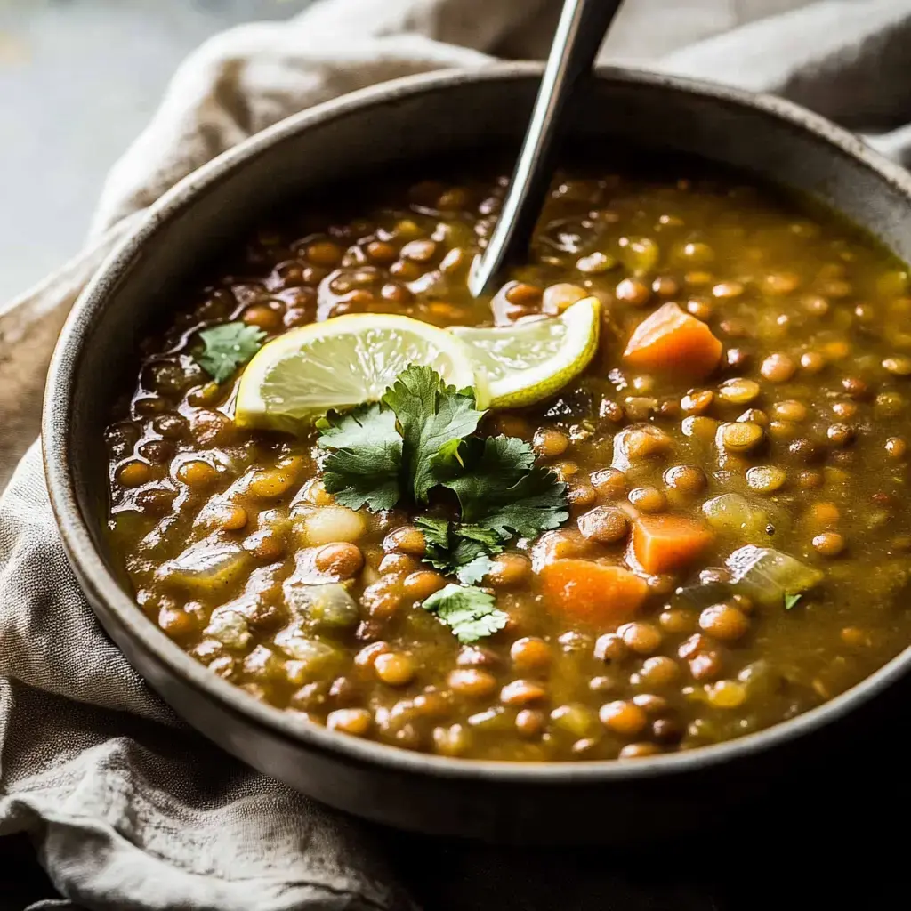 Un bol de soupe aux lentilles garni de tranches de citron et de coriandre fraîche.