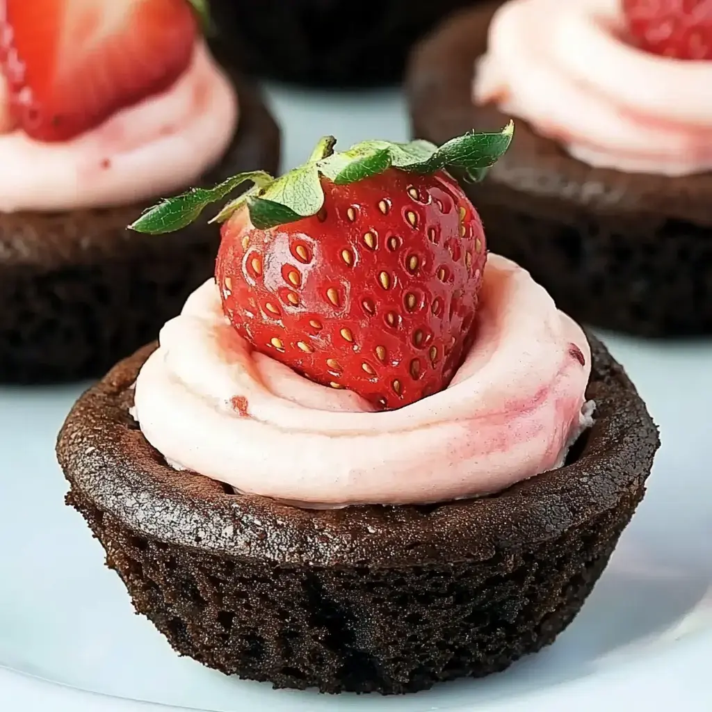 Gros plan d'un biscuit chocolaté avec une crème rose et une fraise fraîche en garniture.