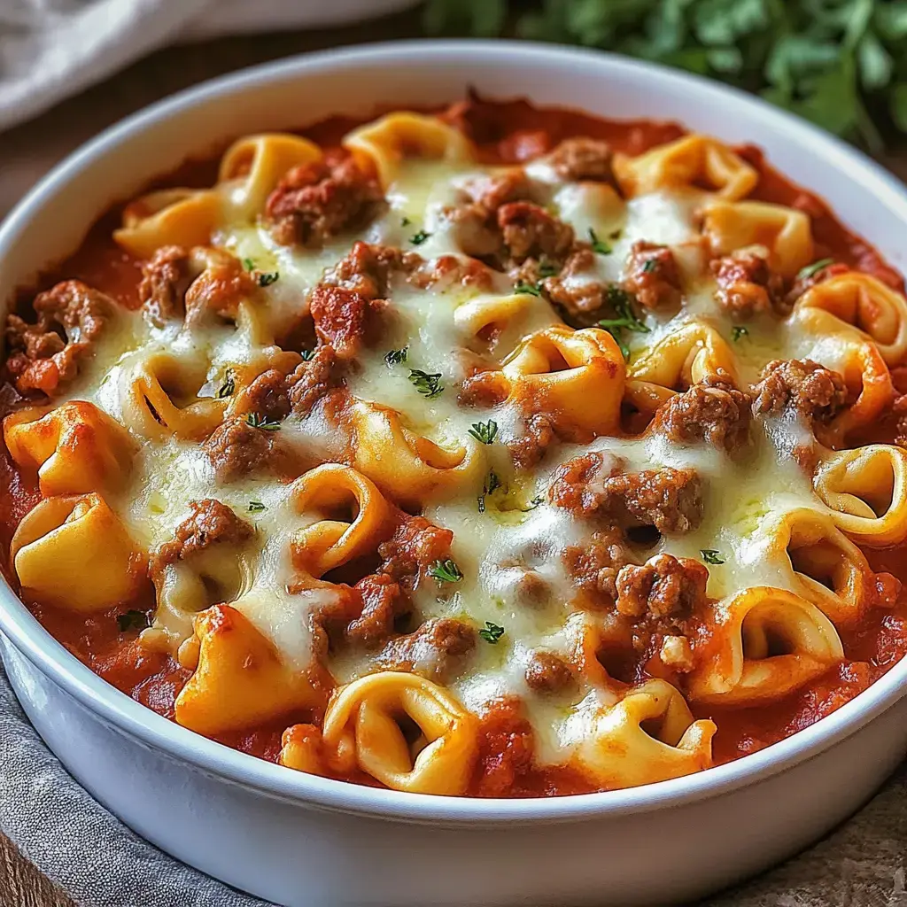 Un gratin de pâtes avec des nouilles farcies, du boeuf haché, du fromage fondu et des herbes dans une sauce tomate.
