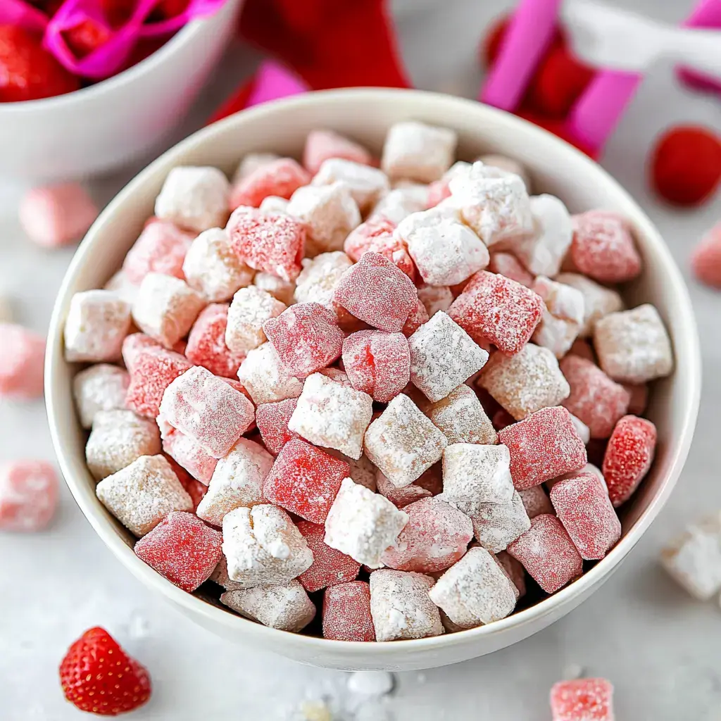Un bol blanc rempli de cubes enrobés de sucre rose et blanc, ressemblant à des friandises, posé sur une surface claire avec des fraises et des décorations.