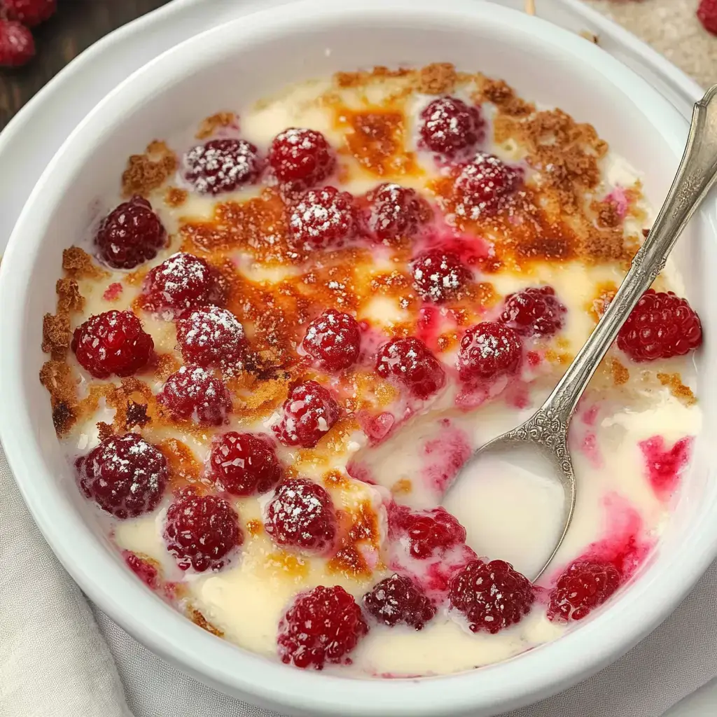 Un dessert crémeux aux framboises, avec une croûte dorée et croustillante, servi dans un plat blanc avec une cuillère.