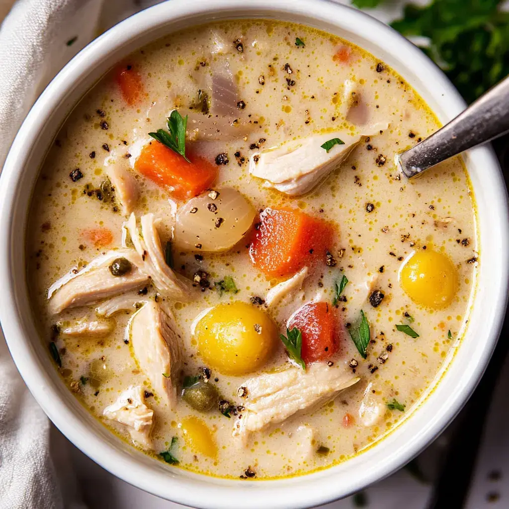 Un gros plan d'une soupe au poulet crémeuse remplie de poulet effiloché, de légumes et d'herbes servie dans un bol blanc.