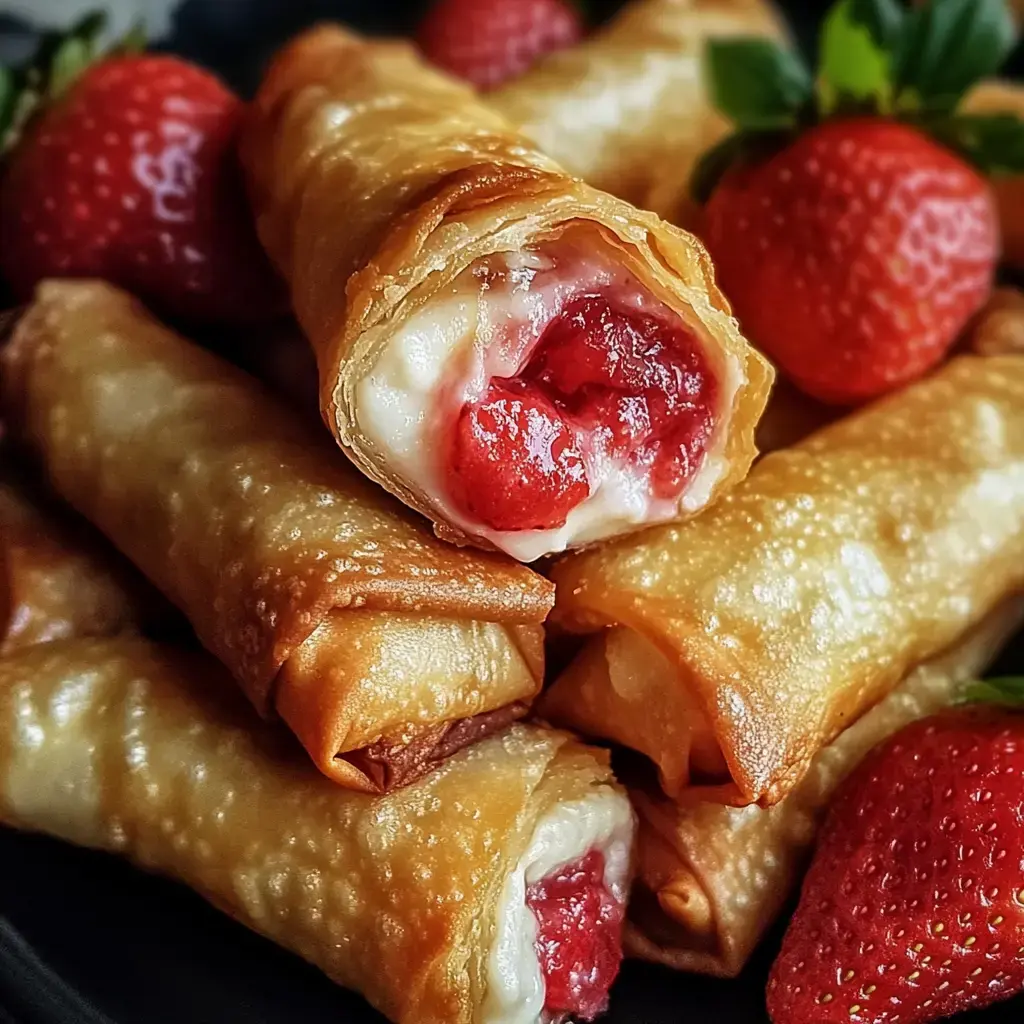 Un gros plan de roulés croustillants garnis de fraises et de crème, entourés de fraises fraîches.