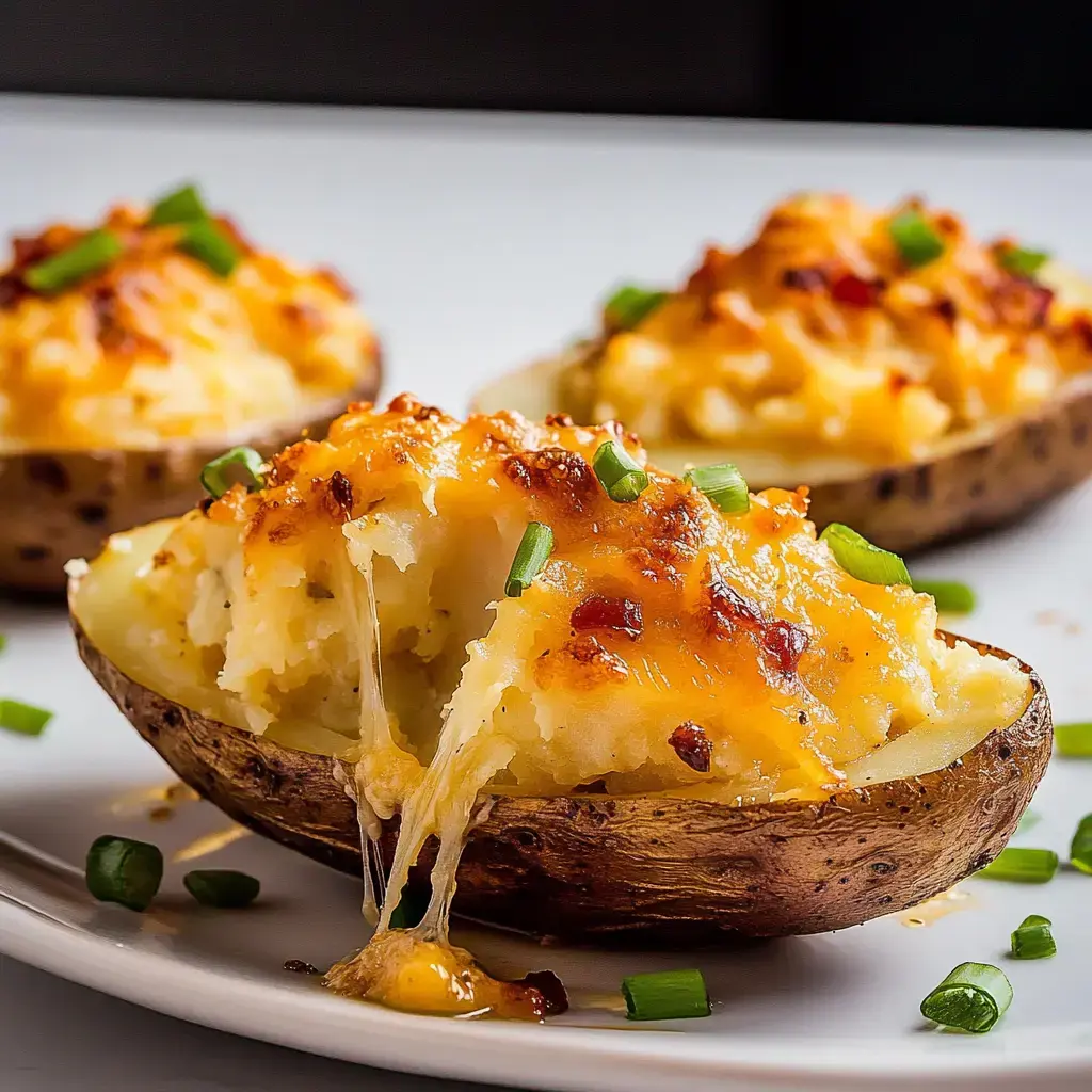 Trois moitiés de pommes de terre gratinées avec du fromage fondu, des oignons verts et une croûte dorée, l'une laissant apparaître un fromage bien coulant.