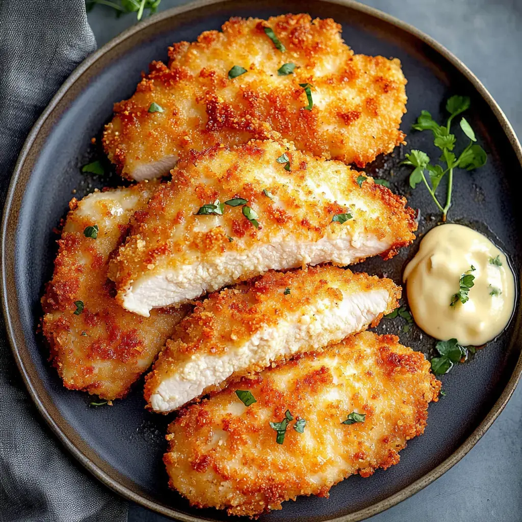Assiette de filets de poulet croustillants garnis de persil, avec une cuillerée de mayonnaise à côté.