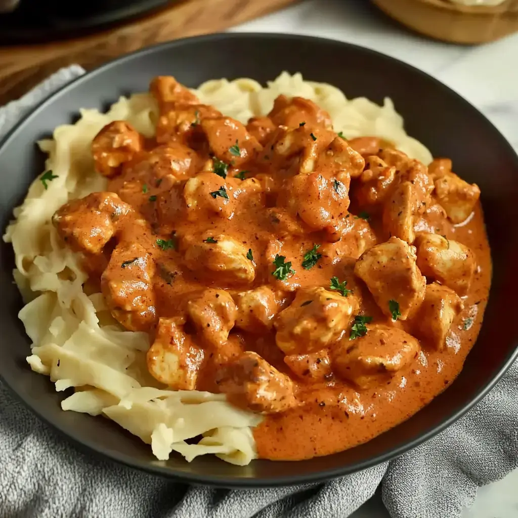 Assiette de poulet crémeux dans une riche sauce au paprika servi sur des nouilles, décorée de persil.