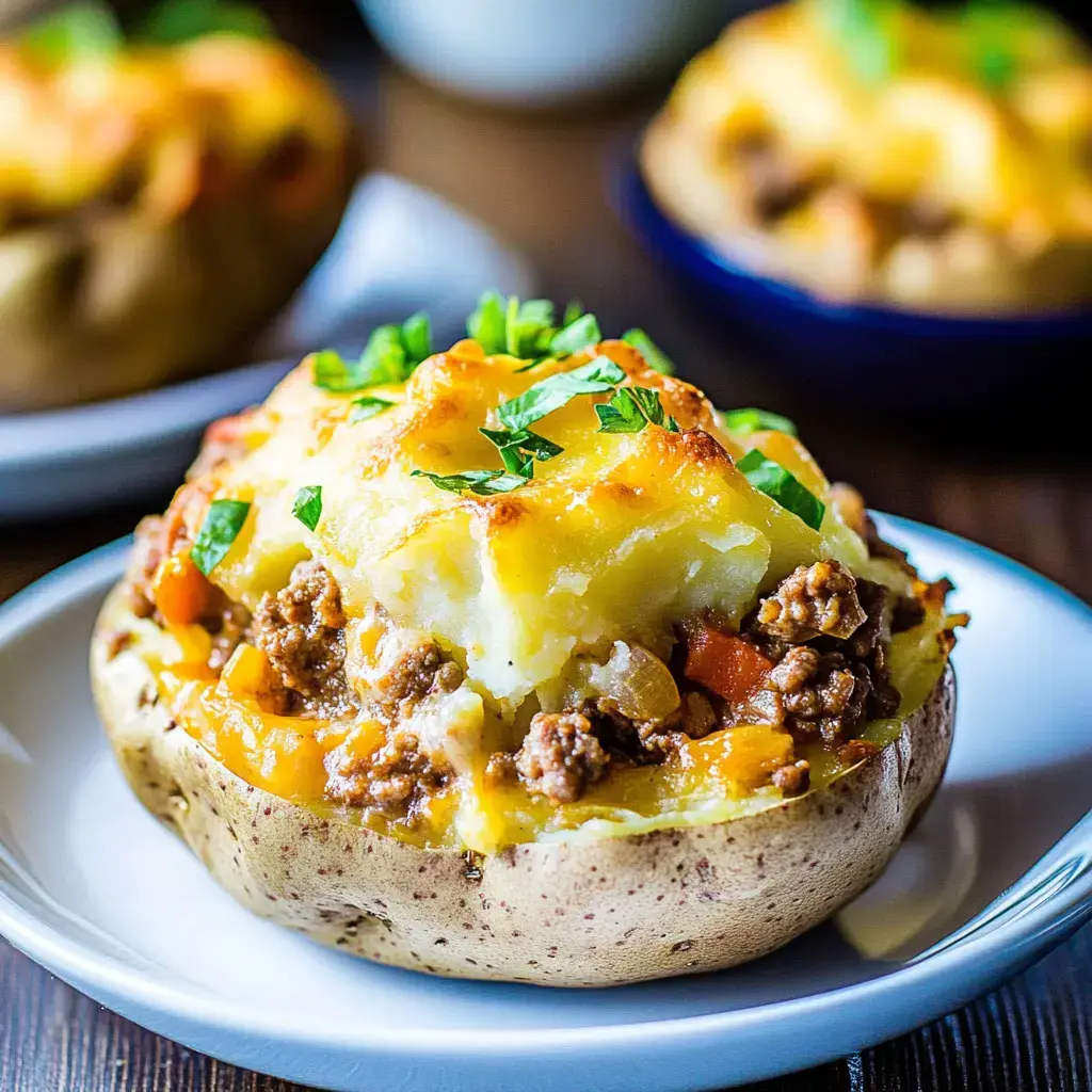 Une pomme de terre farcie de viande hachée assaisonnée, légumes et fromage fondu, garnie de persil.