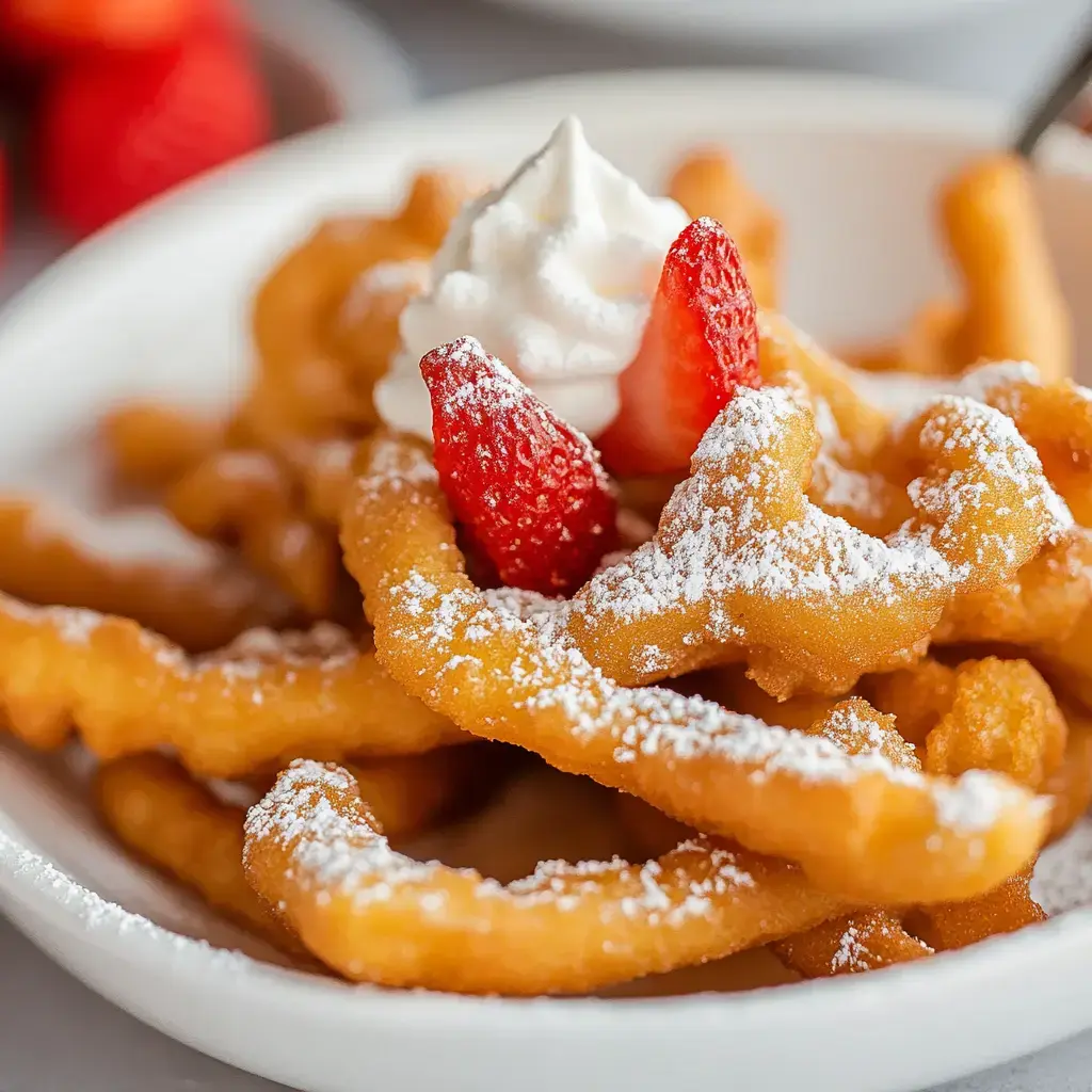 Un gros plan d'une assiette de beignets croustillants au sucre glace, garnis de crème fouettée et de fraises fraîches.