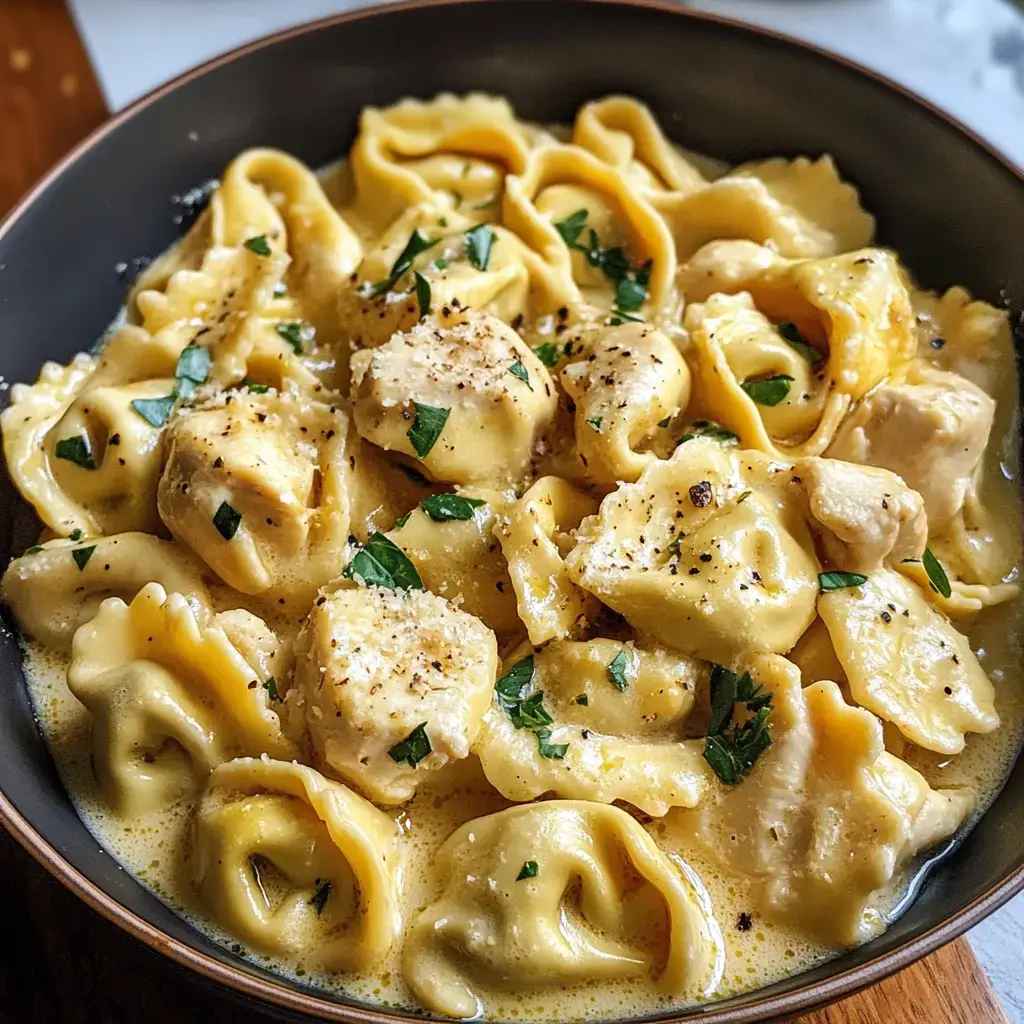 Un bol de pâtes crémeuses avec poulet et herbes, mettant en avant des tortellis nappés d'une sauce généreuse.