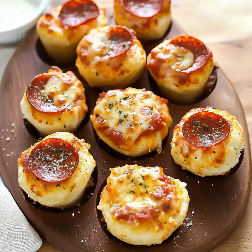 Sur une planche en bois, plusieurs bouchées pizzas avec fromage fondu, pepperoni et herbes.