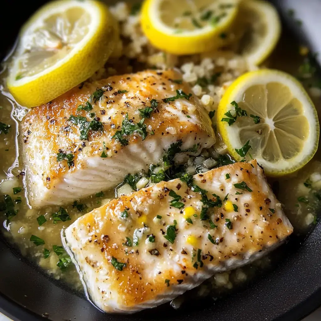 Deux morceaux de poisson poêlé avec des tranches de citron et du persil haché dans une sauce savoureuse.