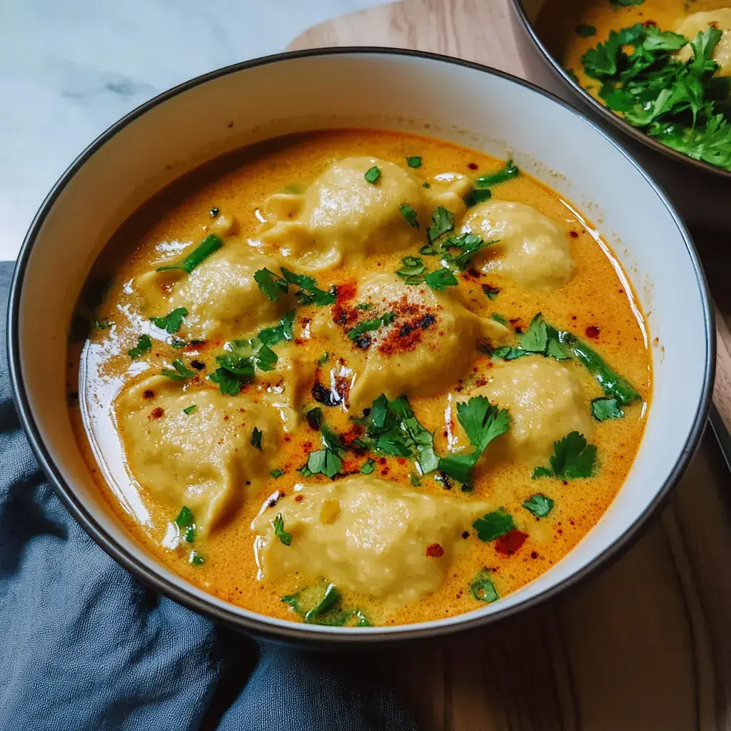 Un bol de raviolis crémeux dans une sauce relevée, garni de coriandre fraîche et d'épices, posé sur une table en bois.