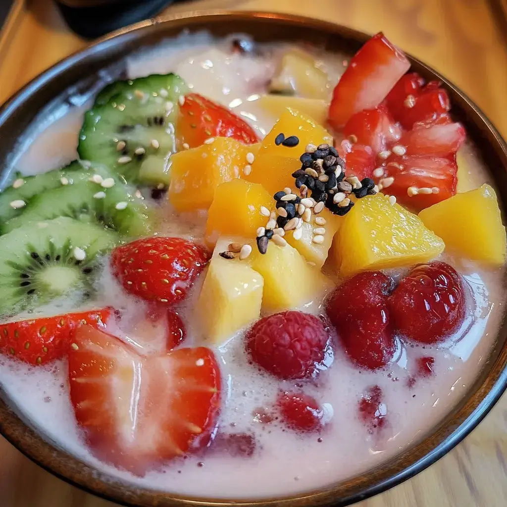 Un bol de fruits frais variés, comme des fraises, du kiwi, de la mangue et des framboises, servis dans une base crémeuse façon yaourt avec des graines de sésame parsemées au-dessus.