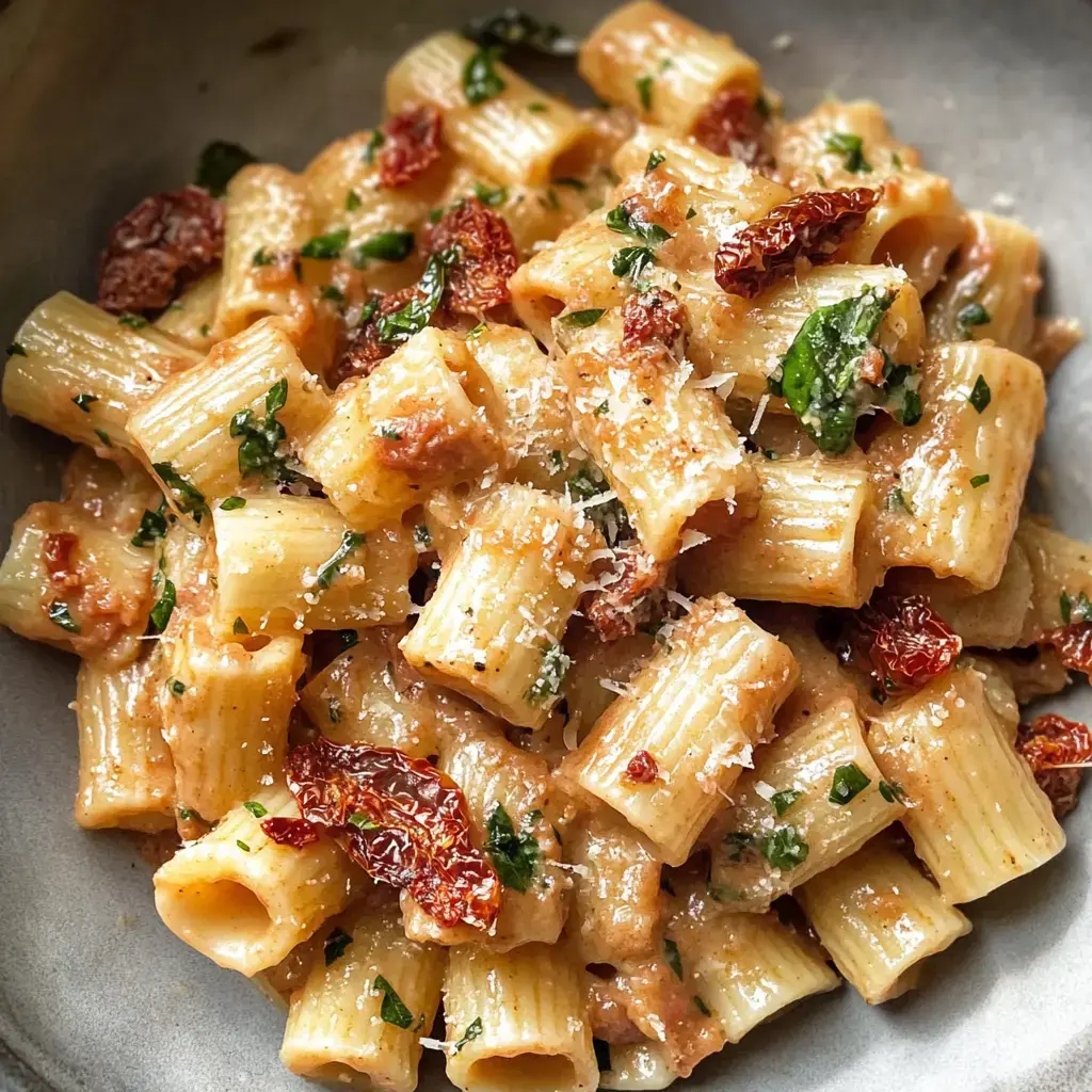 Gros plan sur des pâtes rigatoni crémeuses garnies de tomates séchées, herbes et fromage râpé dans un bol.