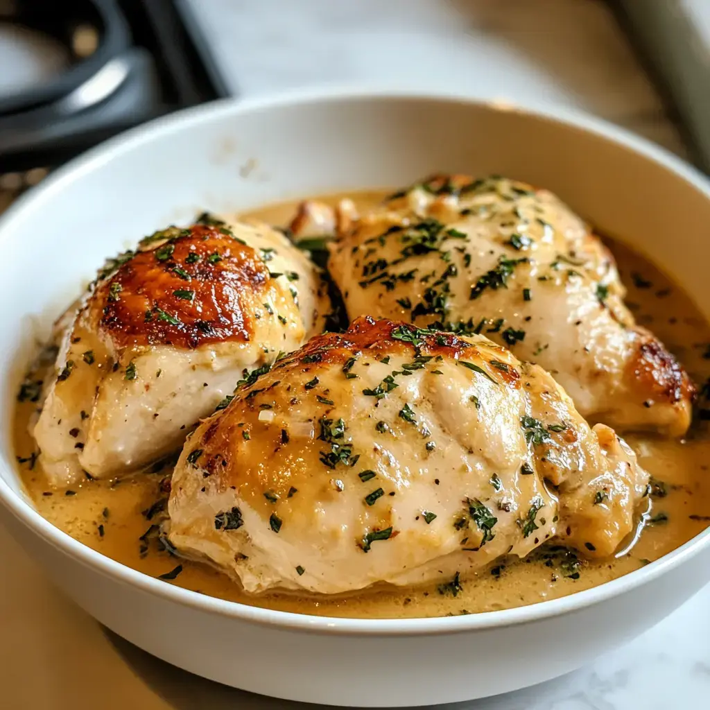 Trois filets de poulet cuits garnis d’herbes dans une sauce crémeuse, présentés dans un bol blanc.