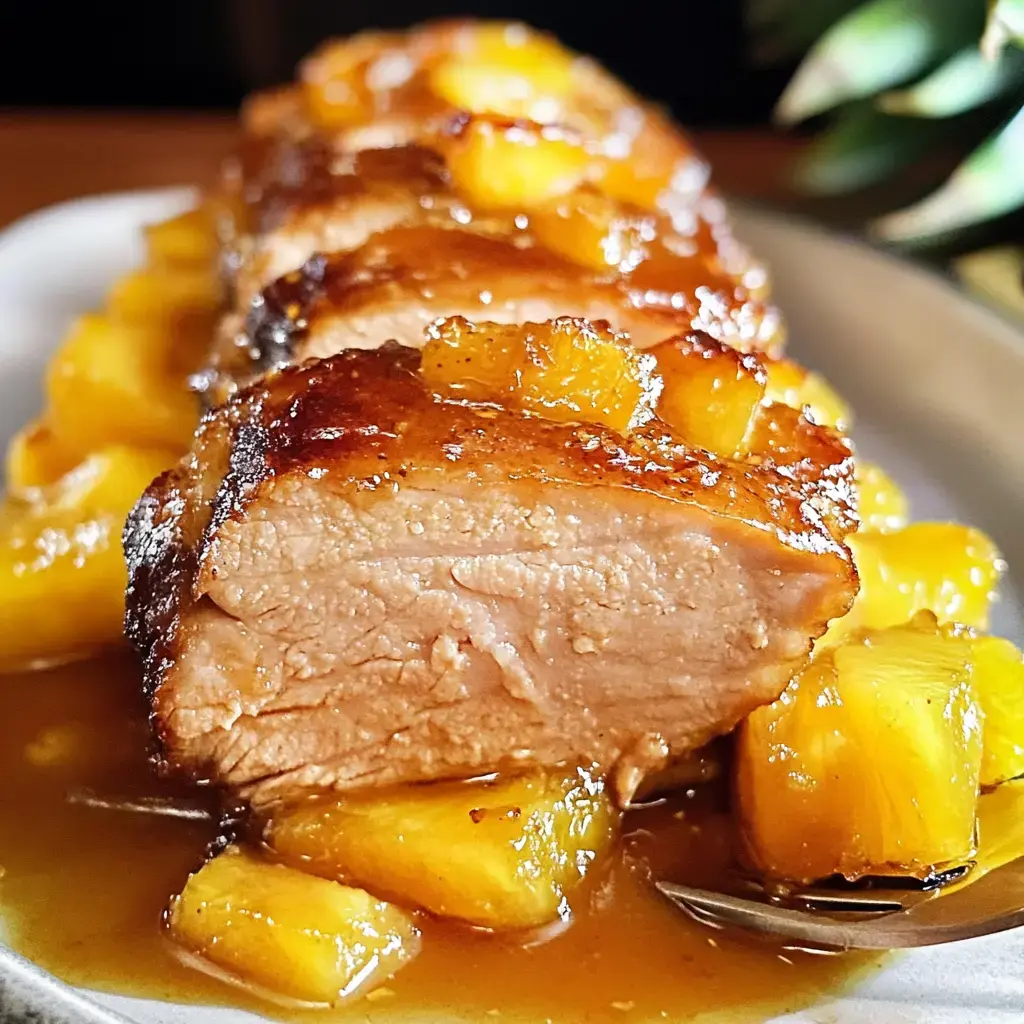 Gros plan d’un plat de porc glacé succulent accompagné de tranches d’ananas caramélisé sur une assiette.