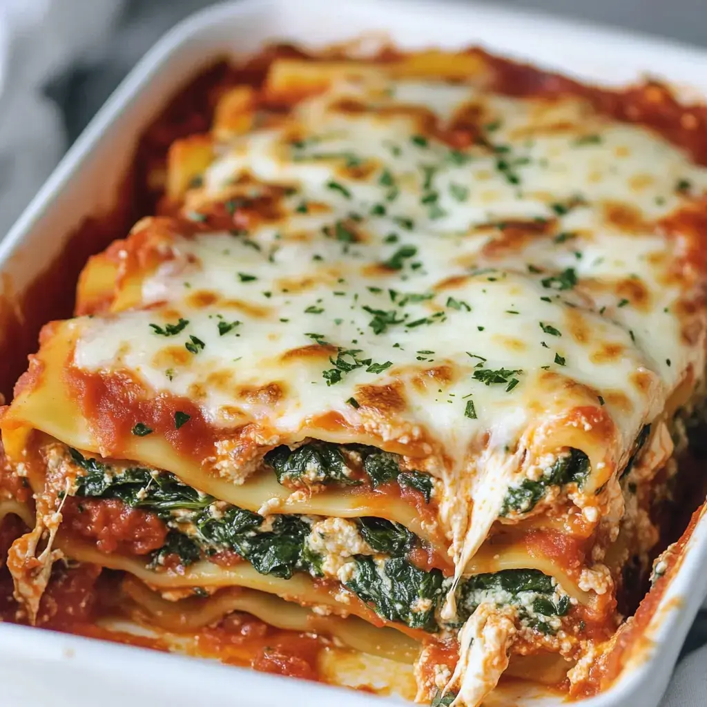 Lasagne délicieusement gratinée avec épinards, ricotta et fromage fondu, parsemée de persil.