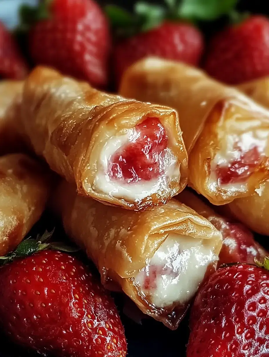 Gros plan sur des rouleaux croustillants garnis d'une crème à la fraise, entourés de fraises fraîches.