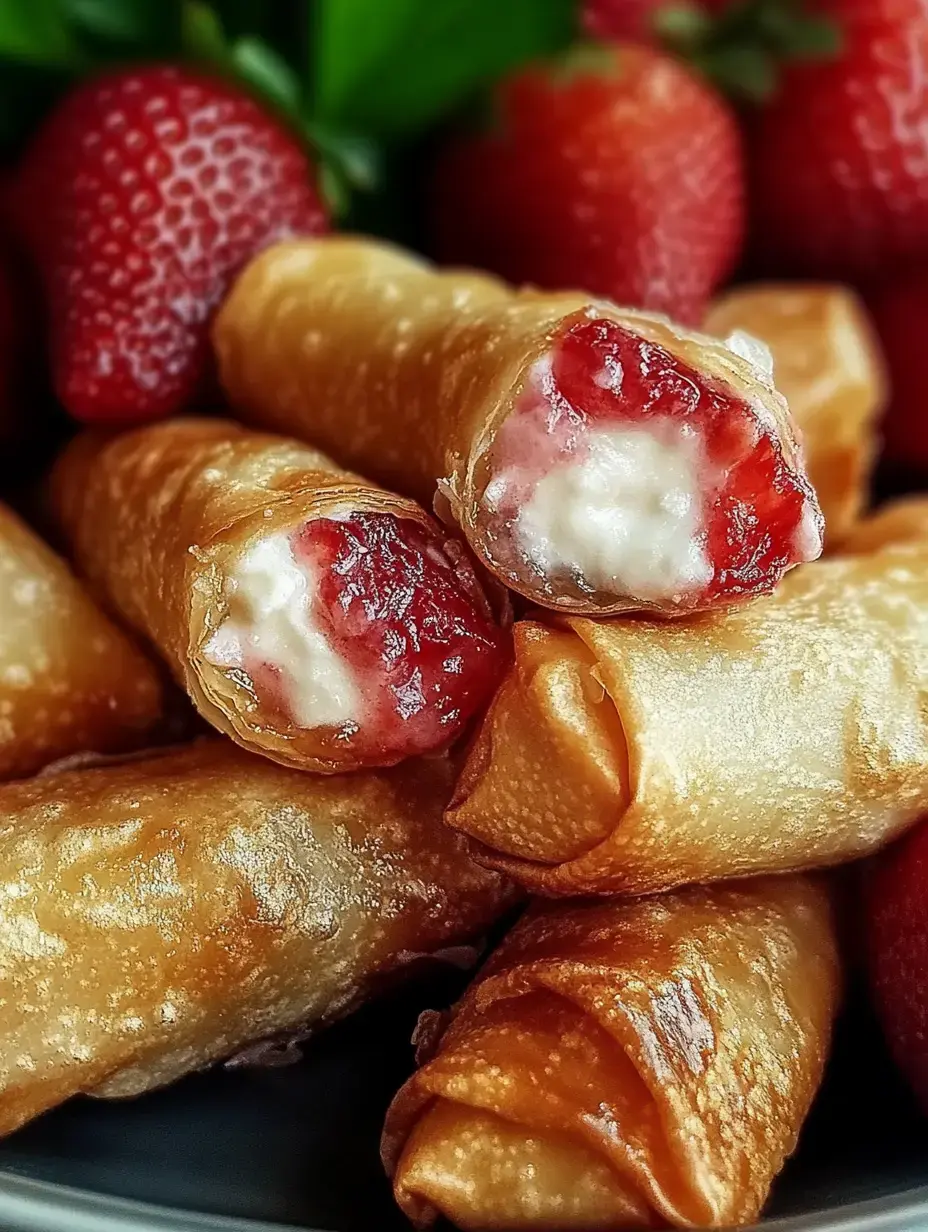 Zoom sur des rouleaux frits farcis aux fraises et crème, avec des fraises fraîches autour.