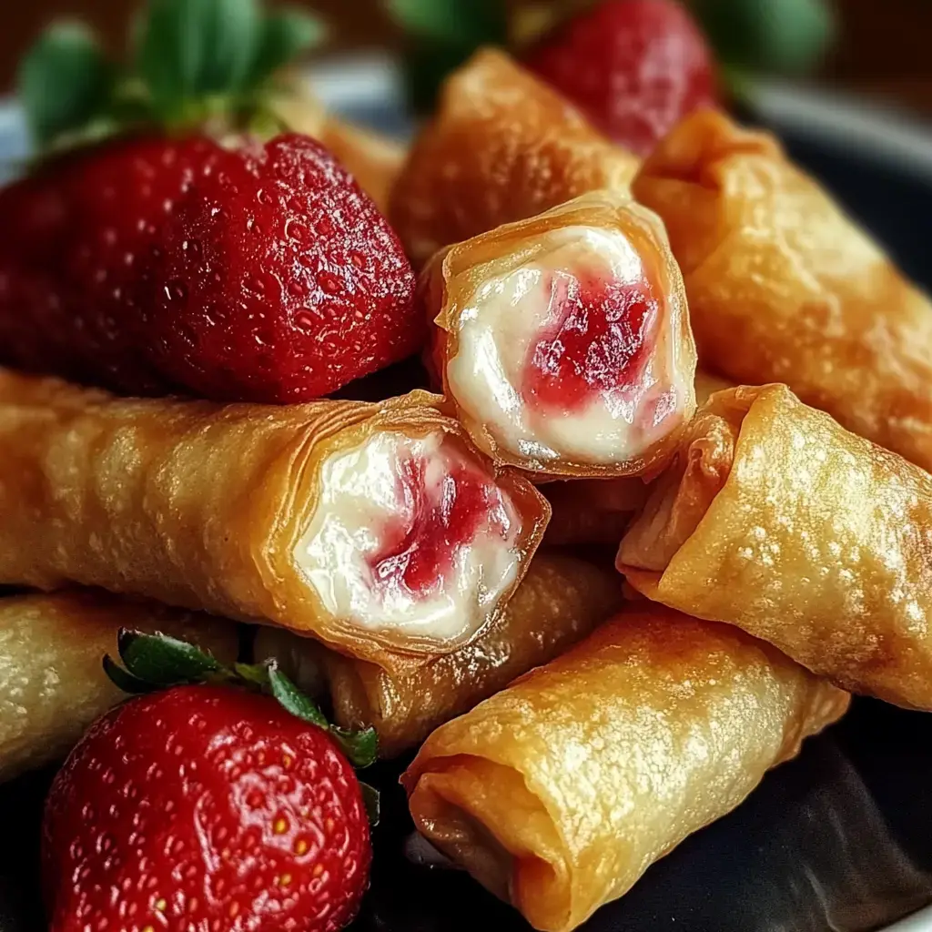 Gros plan sur des petits rouleaux croustillants garnis de crème blanche et fruit rouge, avec des fraises autour.