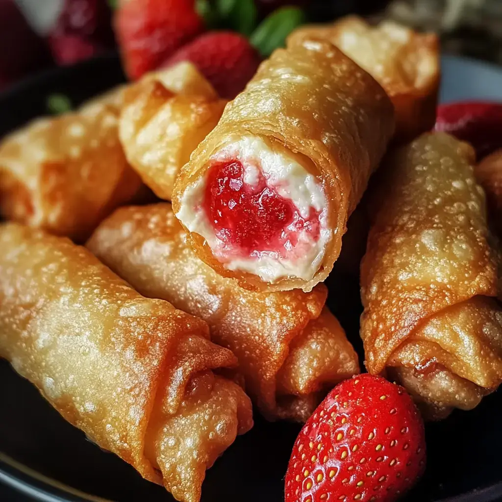 Zoom sur des rouleaux frits dorés avec garniture crémeuse à la fraise, entourés de fraises fraîches.