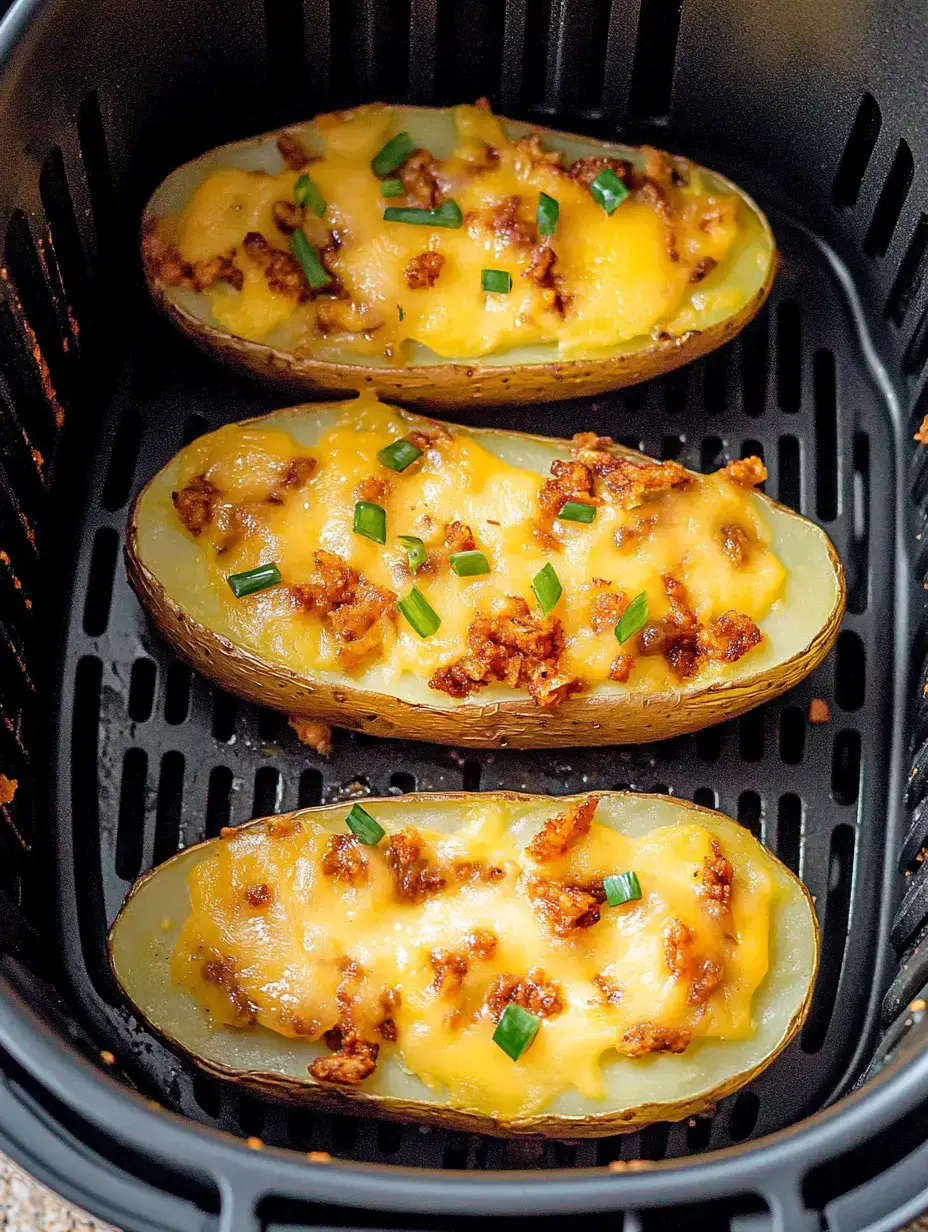 Trois patates garnies de fromage fondant et ciboulette, dans la cuve d’un air fryer.