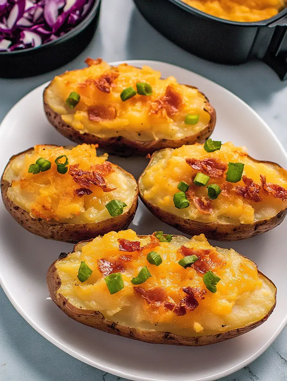 Une assiette de quatre demi-patates garnies de fromage fondu, lardons et ciboulette, avec des petits bols de chou rouge et sauce à côté.