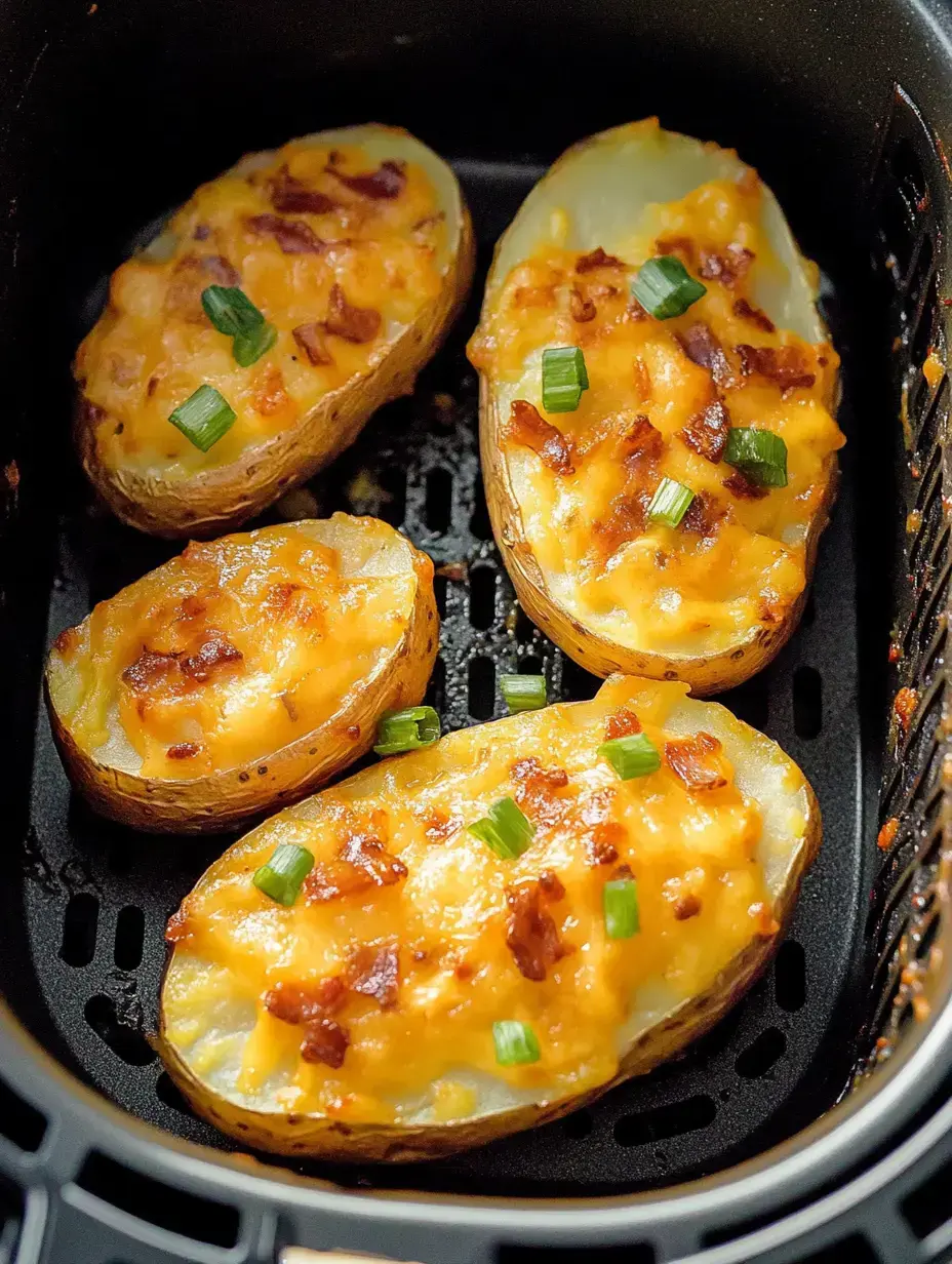 Quatre moitiés de pommes de terre gratinées au fromage, bacon et ciboulette, dans un panier d’air fryer.