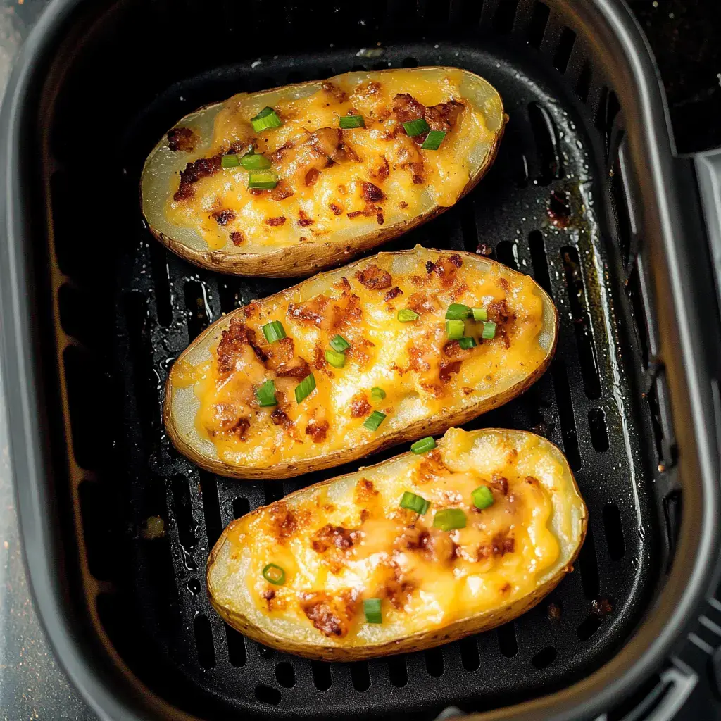 Trois patates garnies de fromage fondu et ciboulette dans un panier d’air fryer.