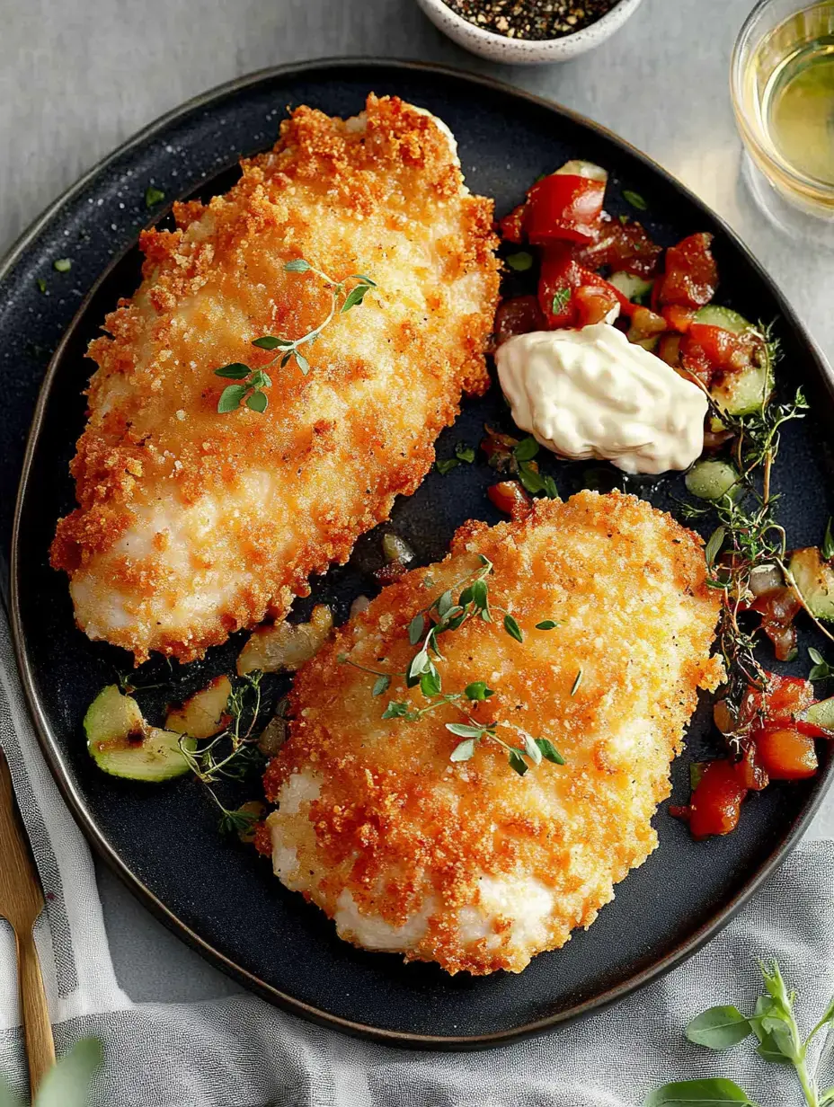 Une assiette noire avec deux filets de poisson panés croustillants, des herbes fraîches, une salade de tomates et concombres, et un peu de mayonnaise.