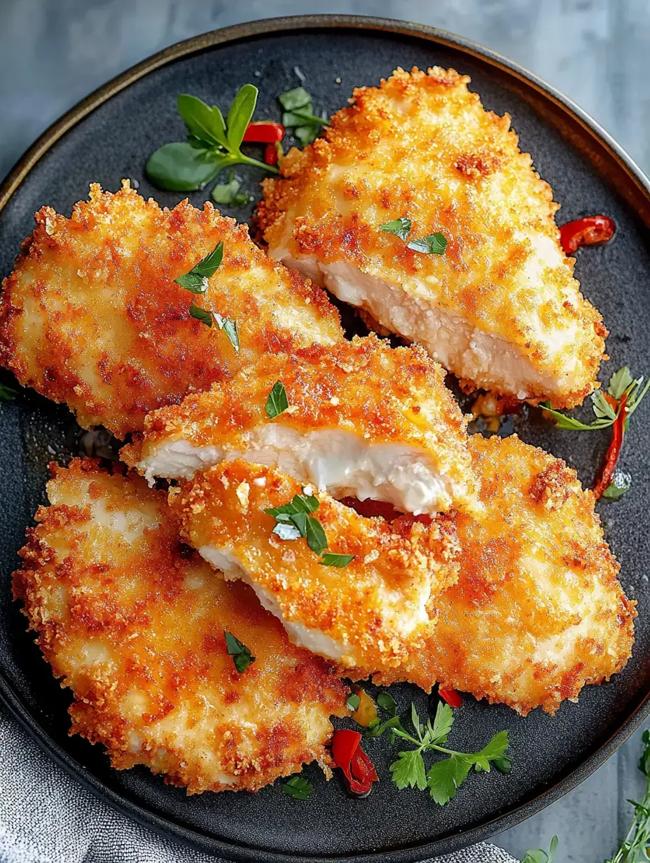 Assiette de morceaux de poulet panés dorés avec des herbes fraîches et du piment.