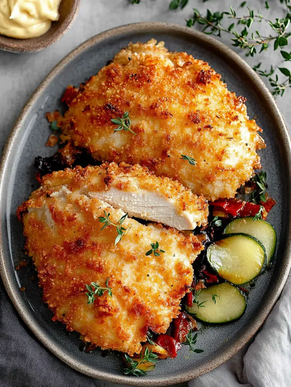 Des blancs de poulet panés et dorés, des herbes fraîches, servis avec des légumes poêlés et un peu de mayonnaise.
