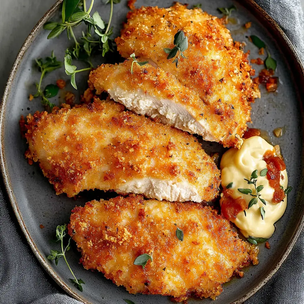 Assiette de filets de poulet dorés, des herbes fraîches, un peu de sauce crémeuse.