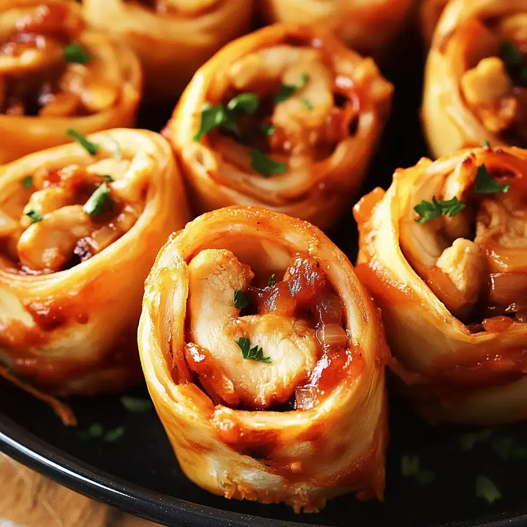 Gros plan sur des roulés salés farcis au poulet nappés de sauce et herbes fraîches.