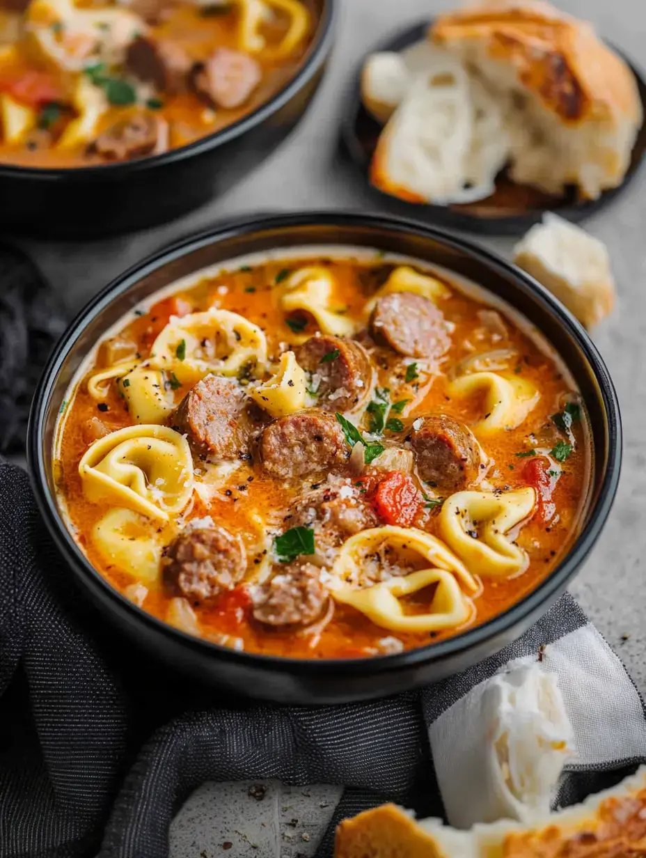 Gros plan d’un bol de soupe généreuse à la saucisse et tortellini, parsemée d’herbes et à côté de tranches de pain.