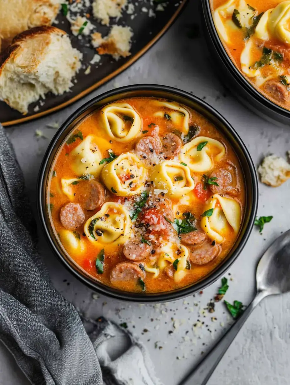 Gros plan d’un bol de soupe crémeuse aux tortellini et saucisse, saupoudrée d’herbes et de parmesan, accompagnée de pain sur une assiette.
