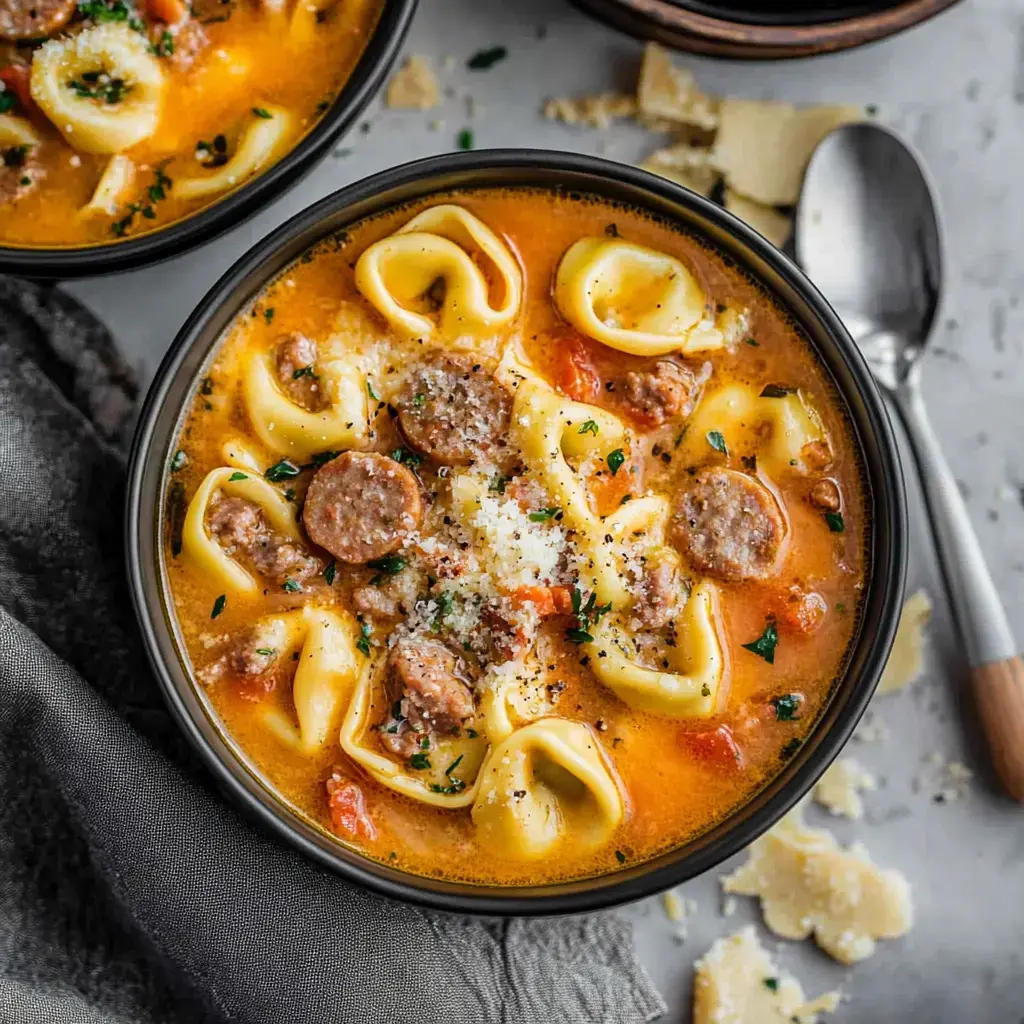 Gros plan d’un bol de soupe crémeuse aux tortellini, saucisse et herbes, gratiné au fromage râpé, sur fond gris.