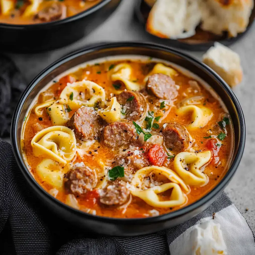 Gros plan d’un bol de soupe crémeuse aux tortellini et saucisse, avec du persil et du pain rustique.
