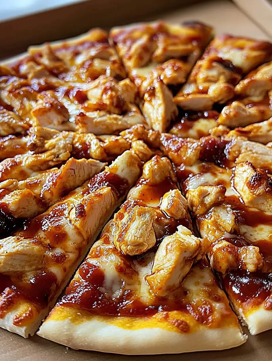 Gros plan d’une pizza garnie de morceaux de poulet grillé et de sauce barbecue.