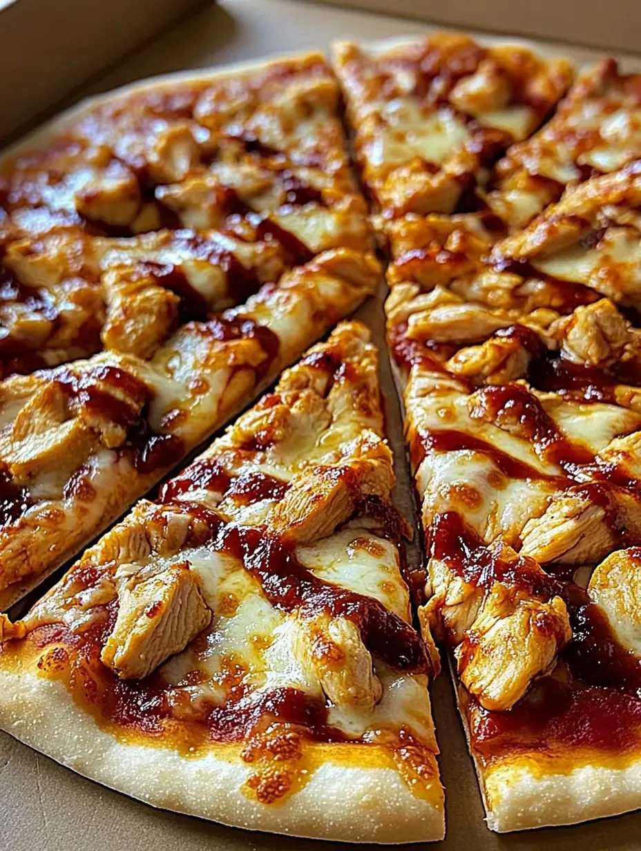 Gros plan sur des parts de pizza au poulet grillé et sauce barbecue, dans une boîte à pizza.