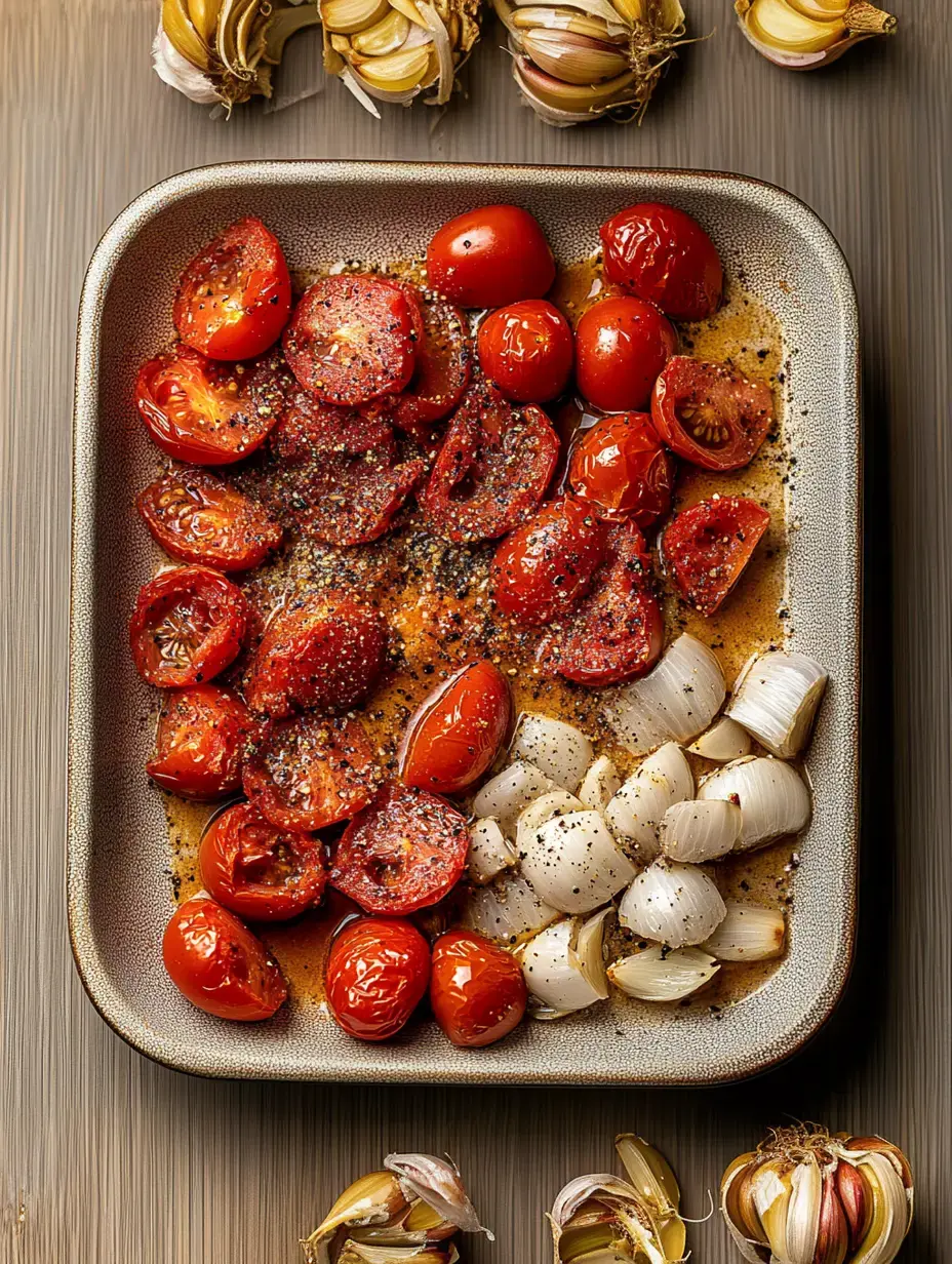Une cocotte pleine de tomates et oignons rôtis saupoudrés d’épices, entourés d’ail en chemise.