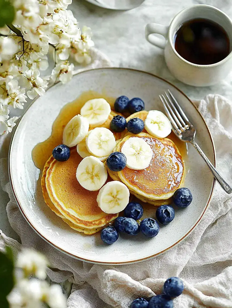 Une assiette de hotcakes bien épais avec des tranches de banane, des myrtilles et du sirop, accompagnés d’un café et de fleurs fraîches.