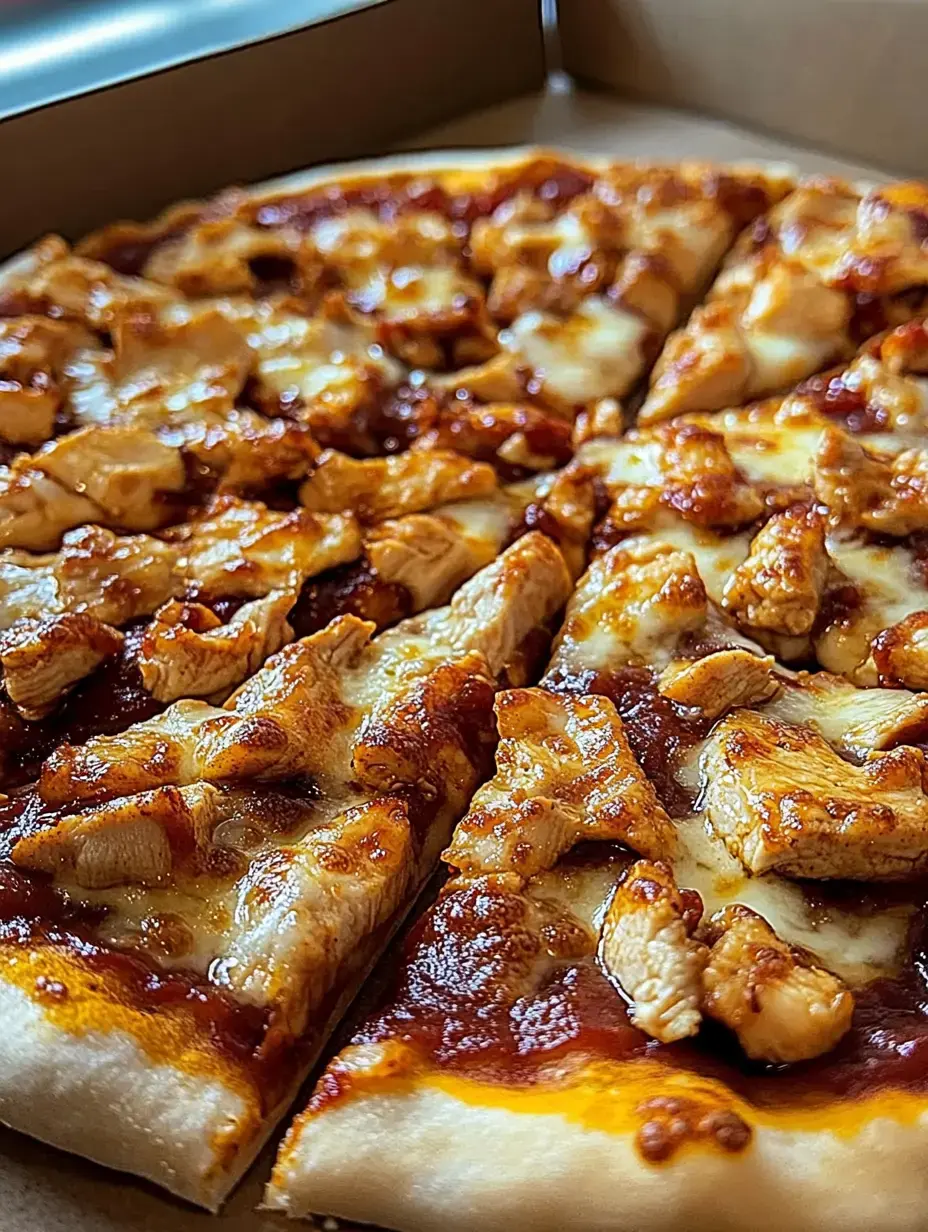 Zoom sur une pizza avec fromage fondu, sauce barbecue et morceaux de poulet, découpée en parts dans une boîte.