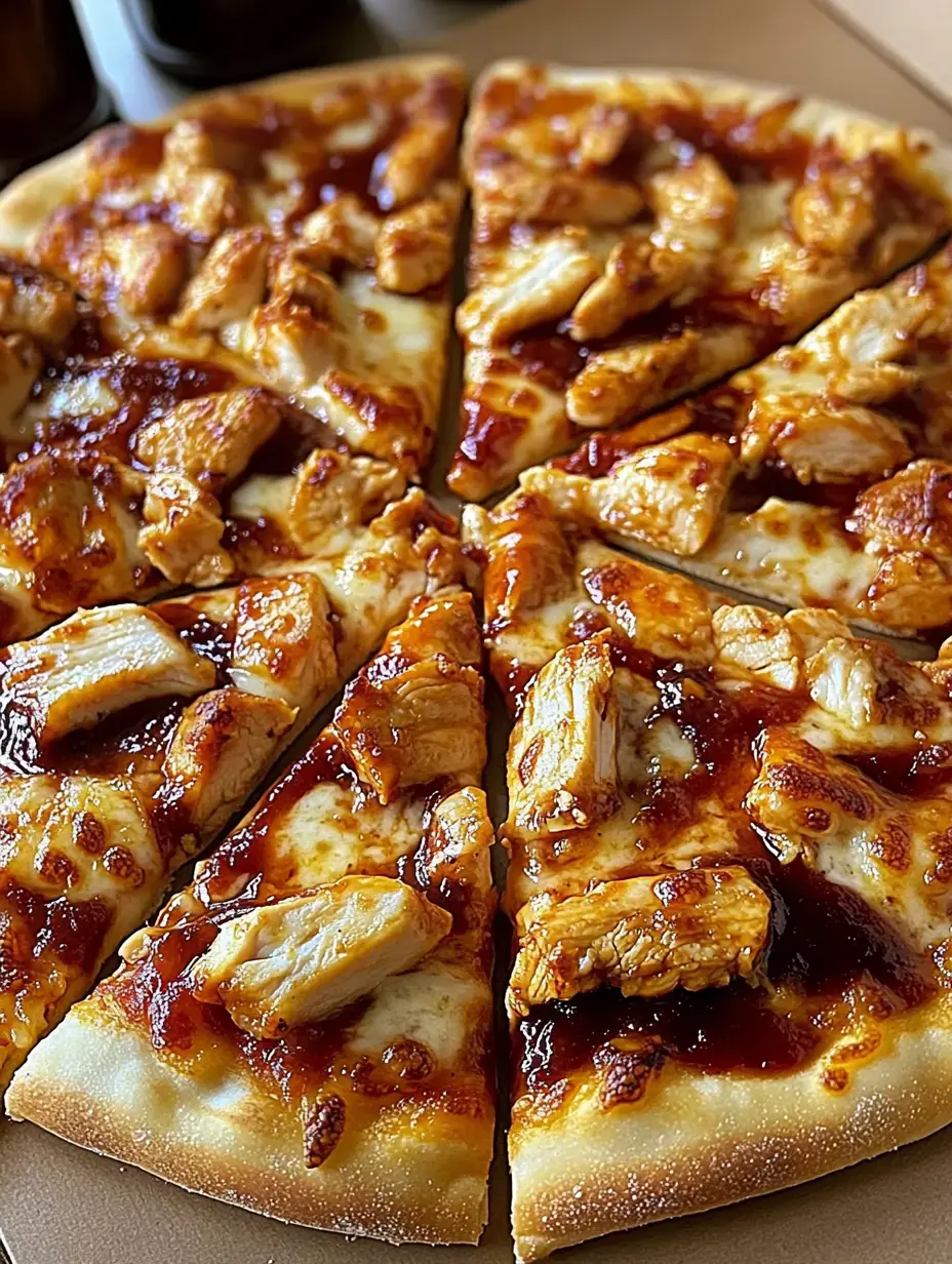 Vue rapprochée d’une pizza garnie de morceaux de poulet grillé et sauce barbecue, coupée en parts.