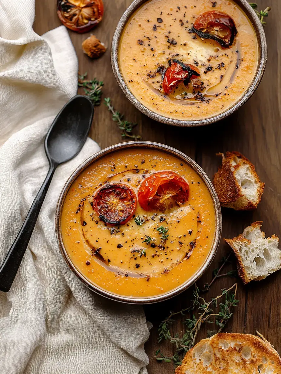 Deux bols de soupe crémeuse avec tomates rôties et herbes, servis avec du pain grillé sur une planche en bois.