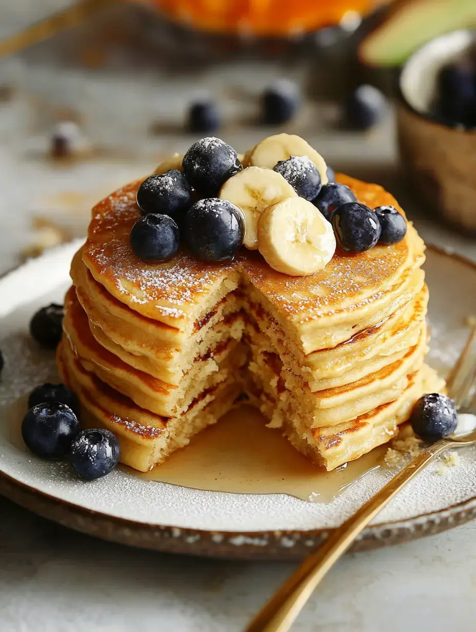 Un tas de hotcakes tout dodus avec myrtilles fraîches, rondelles de banane et un filet de sirop, avec une part en moins sur l’assiette.