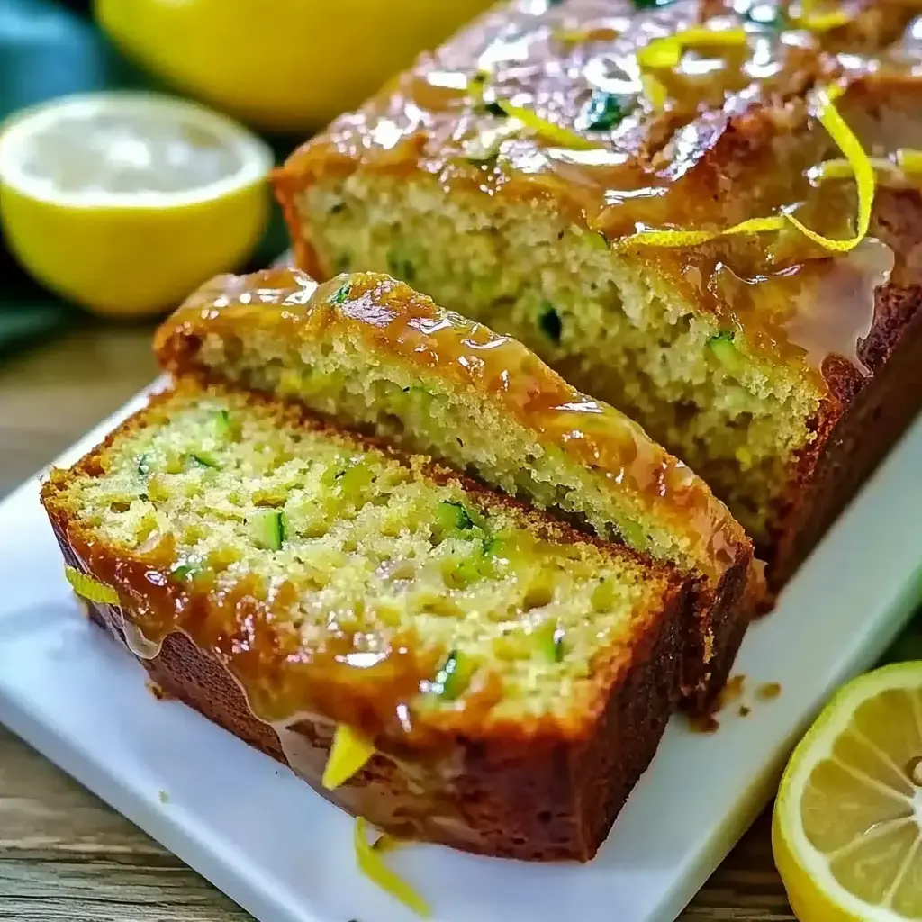 Un pain courgette-citron brillant, recouvert de glaçage et de zestes sur le dessus, avec des moitiés de citron sur une planche en bois.