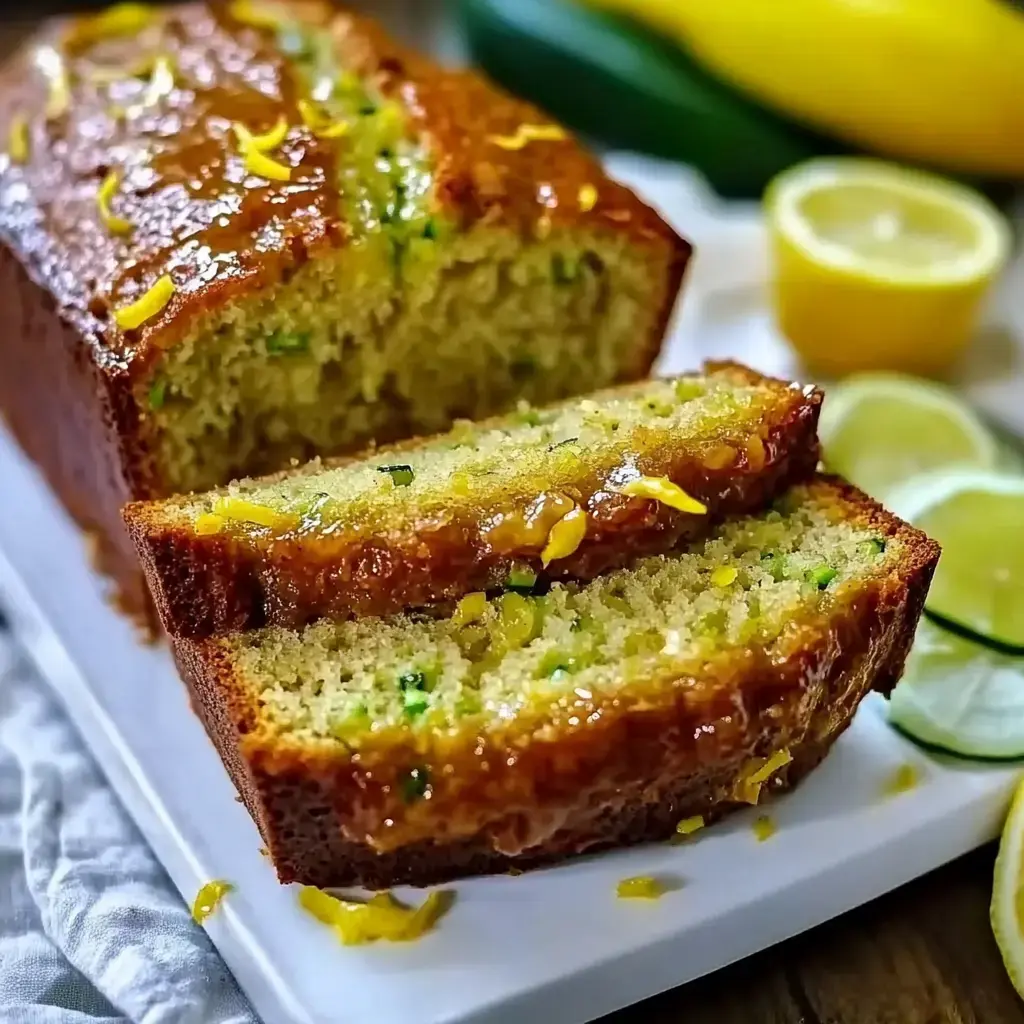 Un pain à la courgette tout juste tranché et recouvert de glaçage brillant et de zeste jaune, sur une assiette blanche avec des tranches de citron.