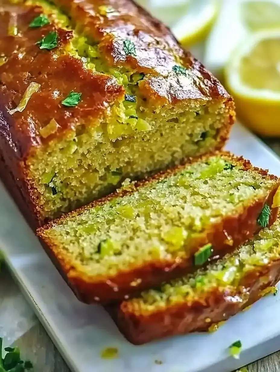 Un cake citron bien doré, découpé, recouvert de zeste vert, avec des quartiers de citron à côté.